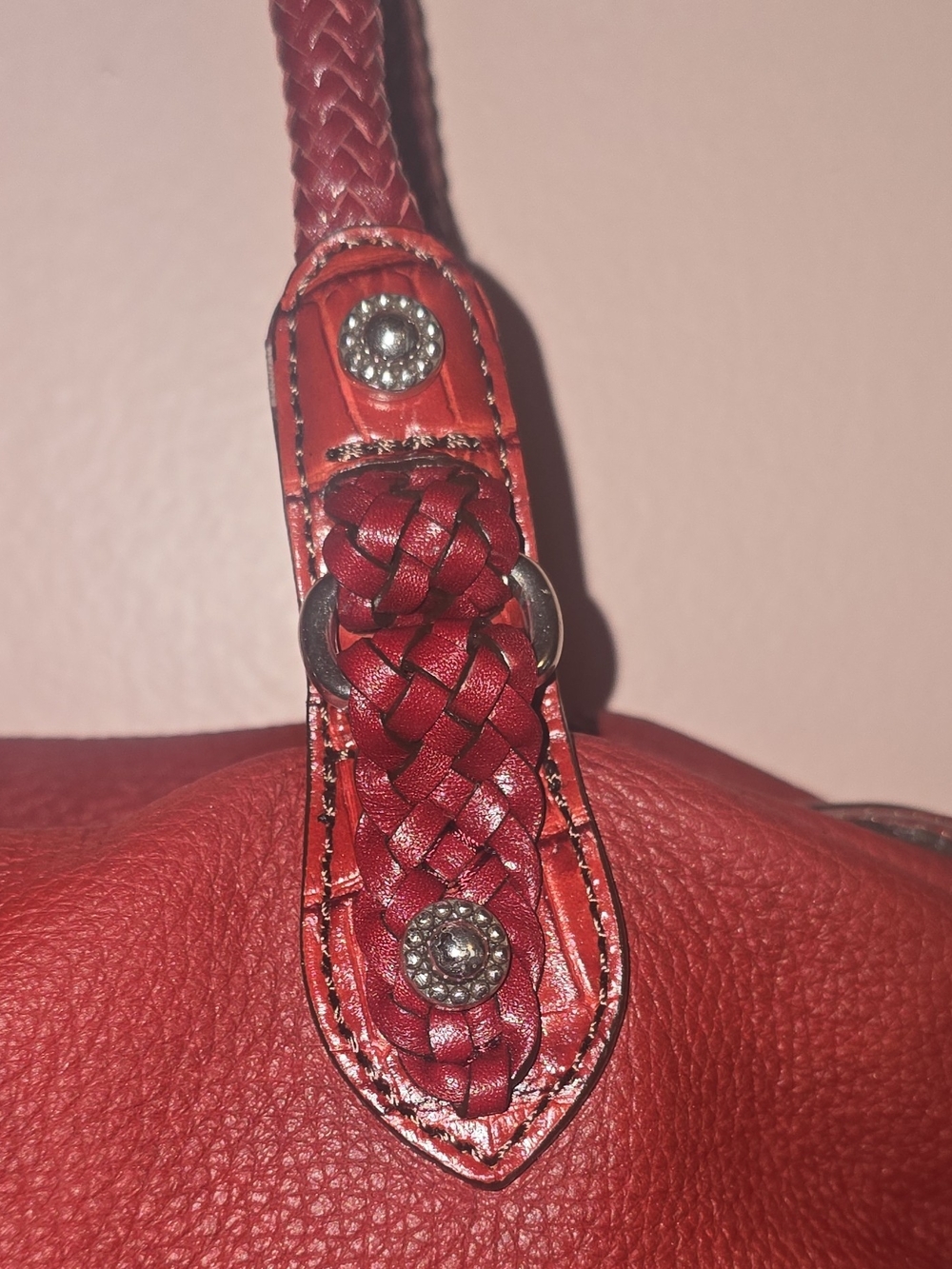 Brighton Red Pebbled Leather Satchel Shoulder Bag Braided Straps Silver Accents - Picture 7 of 16
